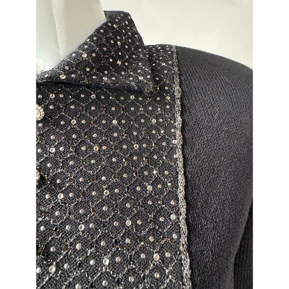 St. John Evening By Marie Gray Black Knit Rhinestone Button Down Top w/ Blemish - Picture 11 of 16